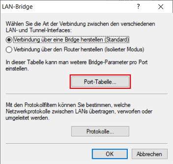 Menü Port-Tabelle in der LAN-Bridge öffnen