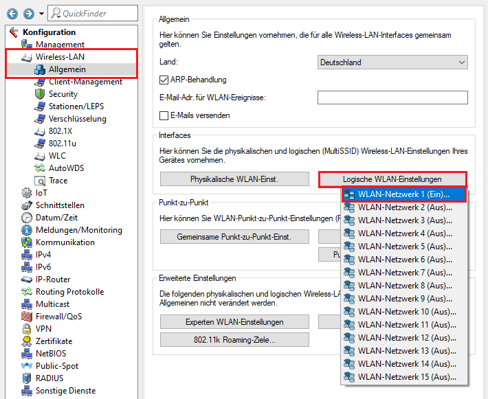 Interface WLAN-Netzwerk 1 aufrufen