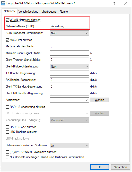 SSID-Name für das Verwaltungs-Netzwerk eintragen