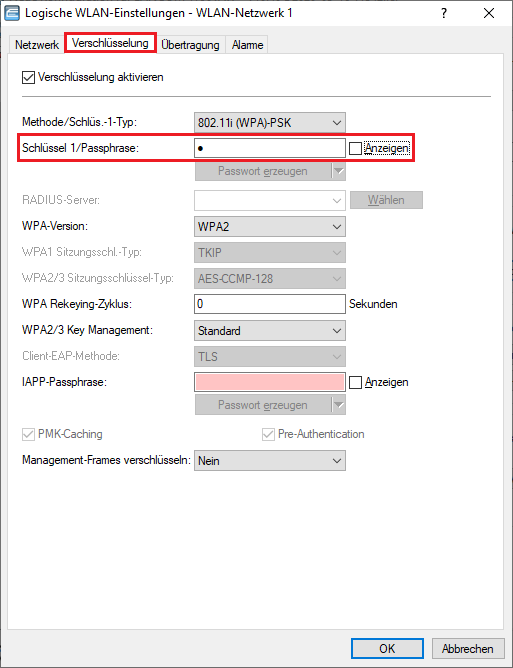 WPA-Key für das Verwaltungs-Netzwerk angeben