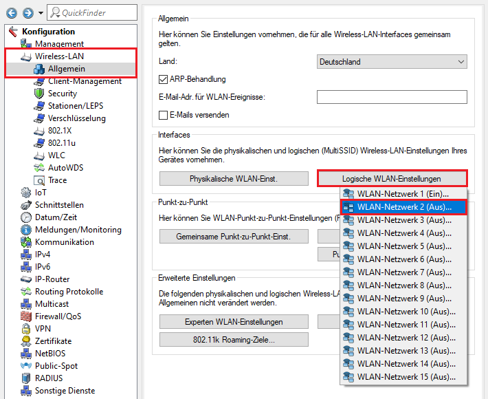 Interface WLAN-Netzwerk 2 aufrufen