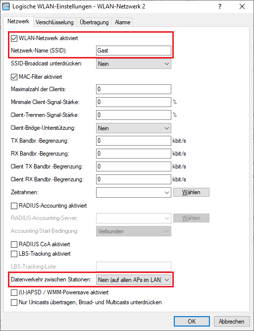 SSID-Name für das Gast-Netzwerk eintragen