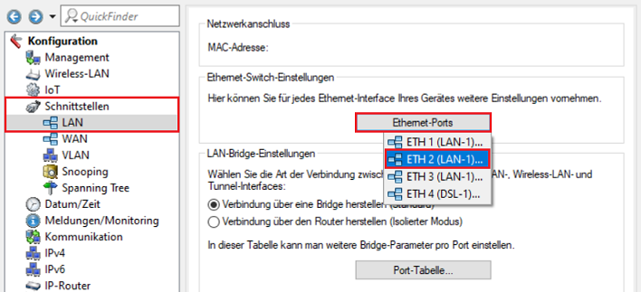 Ethernet-Port für das Gast-Netzwerk aufrufen