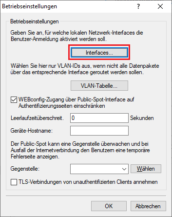 Menü Interfaces in den Public-Spot Betriebseinstellungen aufrufen
