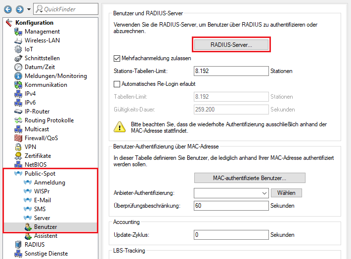 Menü RADIUS-Server im Public-Spot aufrufen