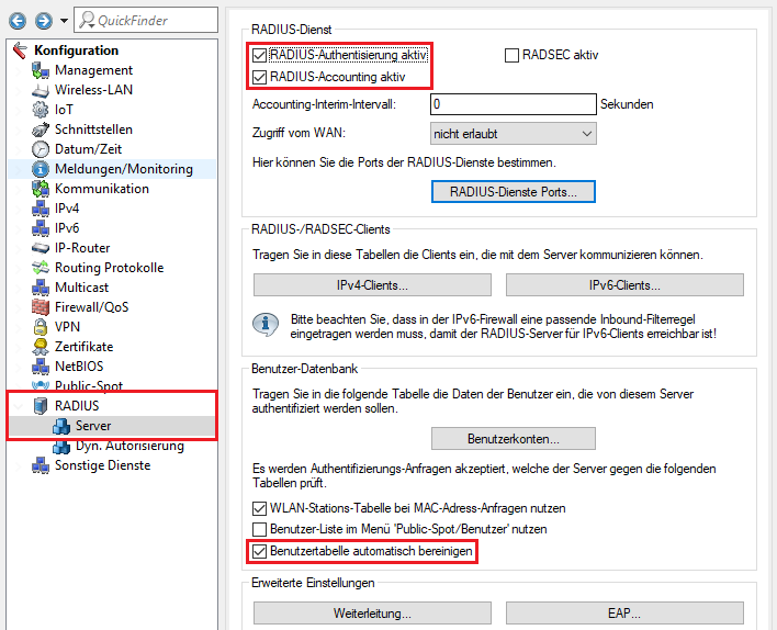 RADIUS-Authentisierung und RADIUS-Accounting aktivieren