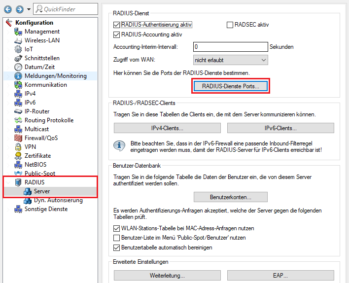 Menü RADIUS-Dienste-Ports im RADIUS-Server aufrufen