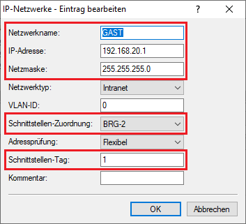 IP-Parameter und Schnittstelle für das Gast-Netzwerk angeben