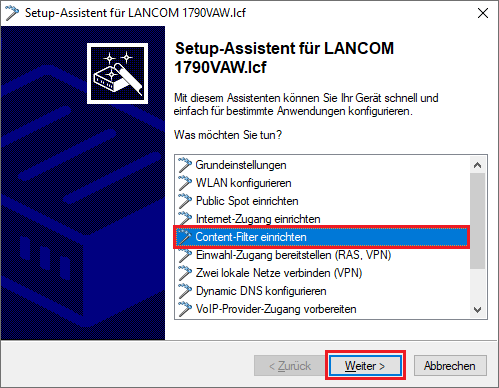 Setup-Assistent Content-Filter einrichten aufrufen