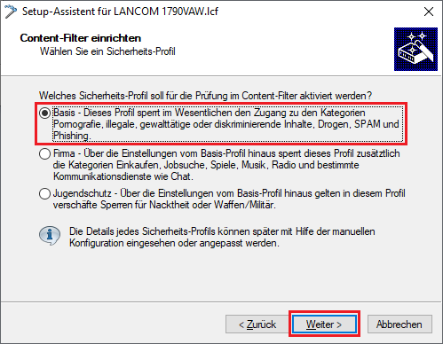 Content-Filter-Profil auswählen