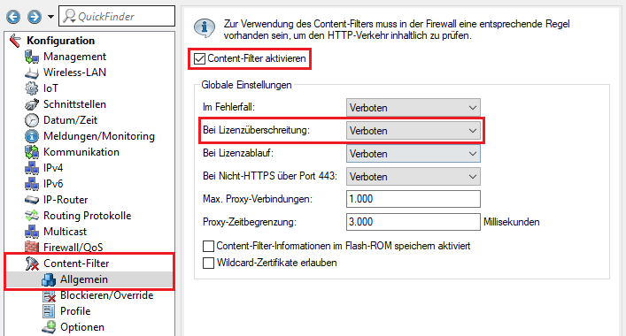 Prüfen der konfigurierten Parameter für den Content-Filter