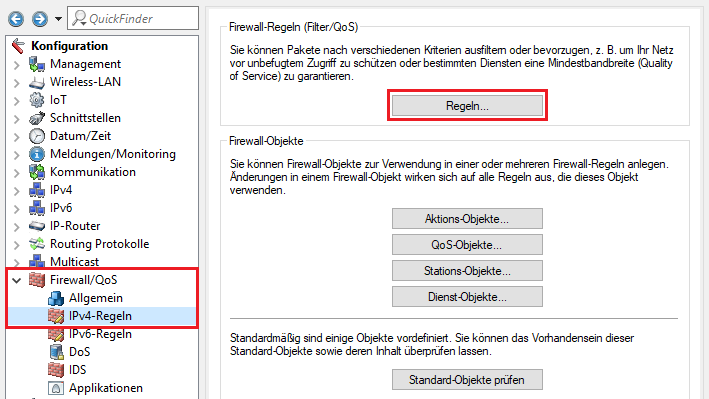 Menü Regeln in der Firewall des Routers aufrufen