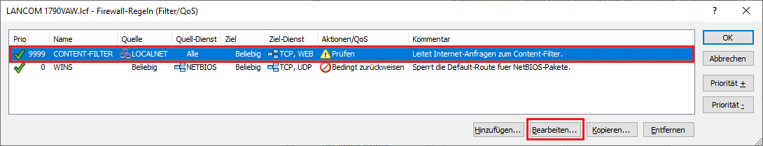 Regel CONTENT-FILTER bearbeiten