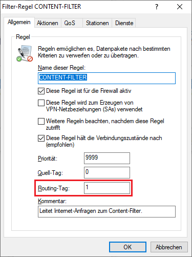 Routing-Tag für die zweite Internet-Verbindung in der Regel hinterlegen