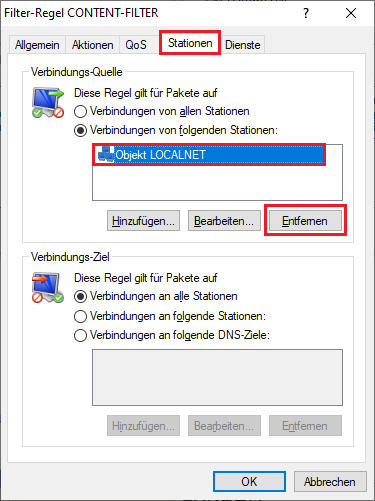 Objekt für alle lokalen Netze bei der Verbindungs-Quelle in der Regel entfernen
