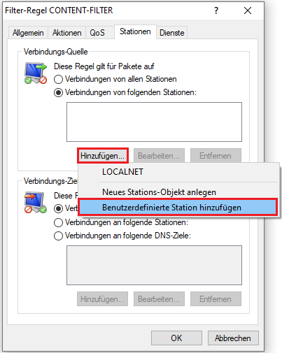 Benutzerdefinierte Station für die Verbindungs-Quelle in der Regel hinzufügen