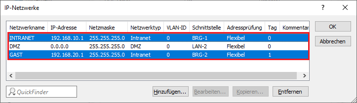 Übersicht der konfigurierten Netzwerke in dem Menü IP-Netzwerke