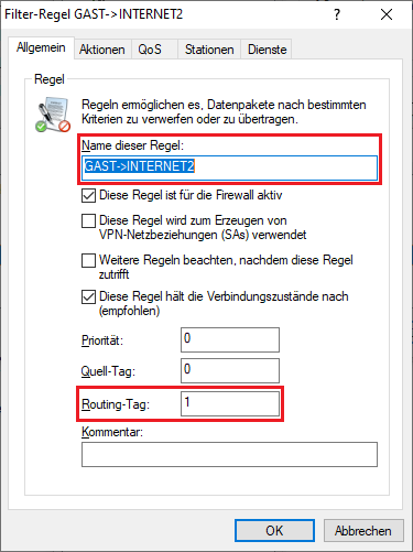 Name für Regel angeben und Routing-Tag für die zweite Internet-Verbindung hinterlegen