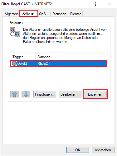 Aktions-Objekt REJECT in der Regel entfernen