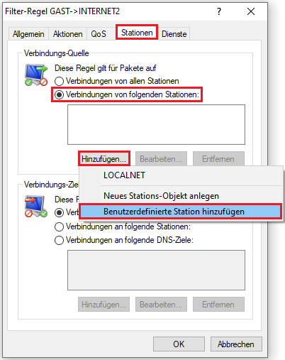 Benutzerdefinierte Station für die Verbindungs-Quelle in der Regel hinzufügen