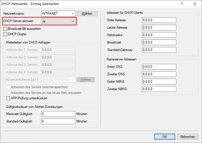 DHCP-Server für das Netzwerk INTRANET (Verwaltungs-Netzwerk) aktivieren