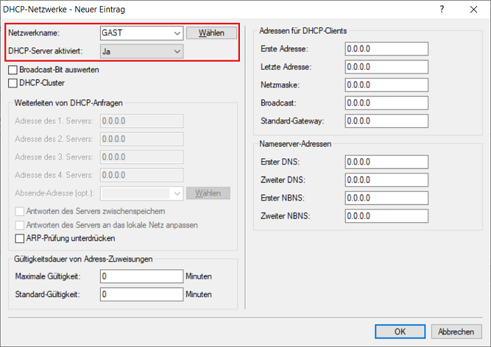 DHCP-Netzwerk für das Gast-Netzwerk anlegen und DHCP-Server aktivieren