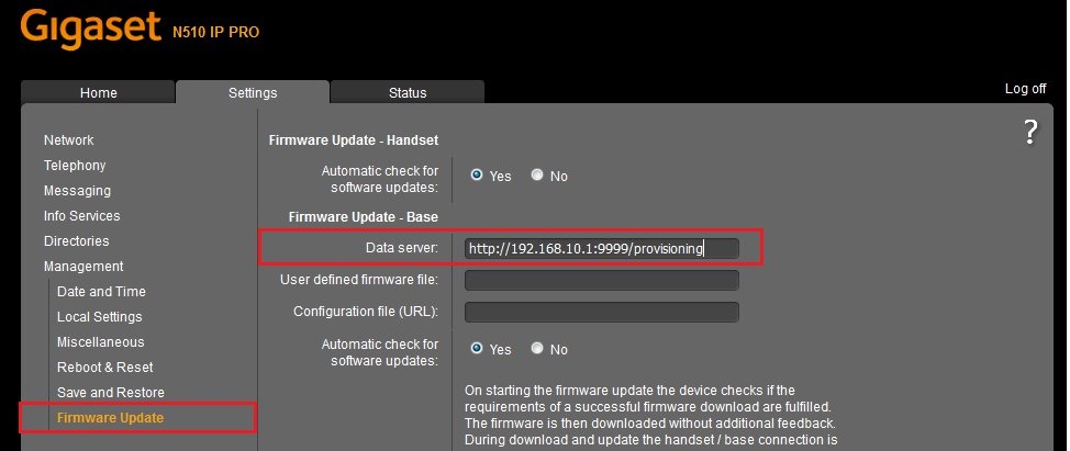 Screenshot eines technischen Benutzerinterfaces, das mit 'Gigaset NStIPPRO Z' beschriftet ist.