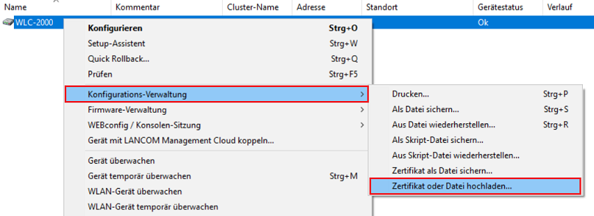 Zertifikat oder Datei per LANconfig in den WLAN-Controller hochladen
