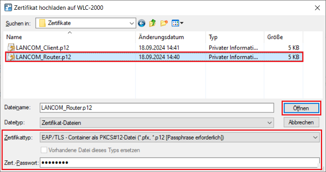 Auswahl-Dialog für das Zertifikat