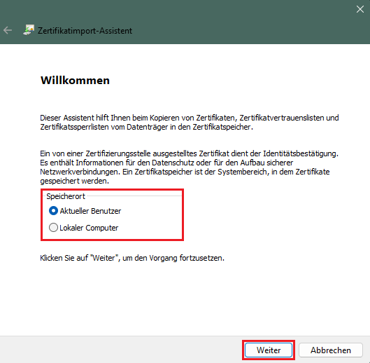Speicherort für das Zertifikat auswählen