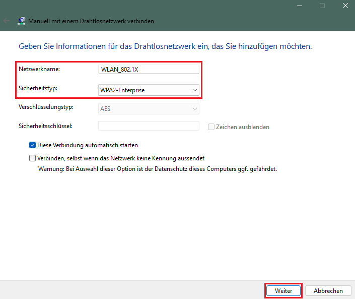 WLAN-Name und Verschlüsselung für das WLAN-Netzwerk angeben