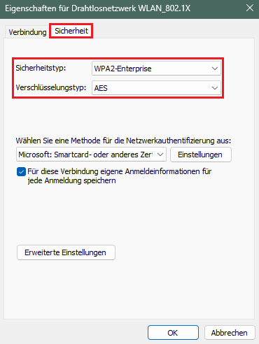 Verschlüsselungs-Parameter für das WLAN-Netzwerk anpassen