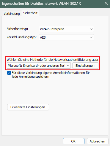 Authentifizierung per Zertifikat aktivieren und weitere Einstellungen aufrufen