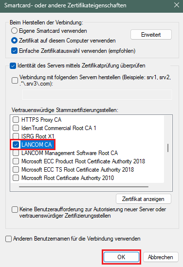 Stamm-Zertifikat des importierten Zertifikats auswählen