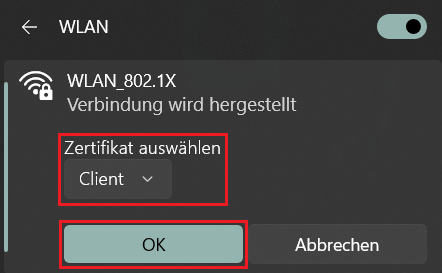 Bei Verbindung mit dem WLAN Zertifikat auswählen