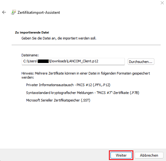 Datei-Pfad zum Zertifikat übernehmen