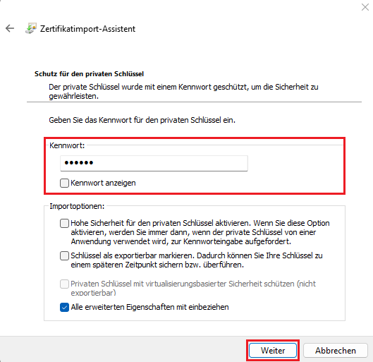 Kennwort für das Zertifikat angeben