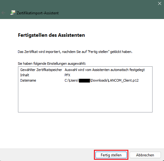 Zertifikats-Import abschließen