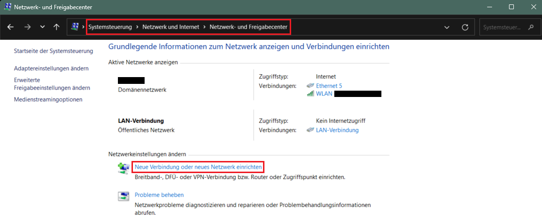 Neues Netzwerk über das Windows Netzwerk- und Freigabe-Center erstellen