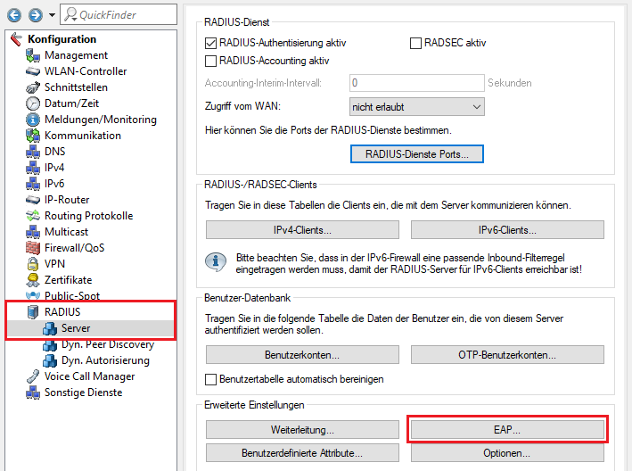 Menü EAP im RADIUS-Server aufrufen
