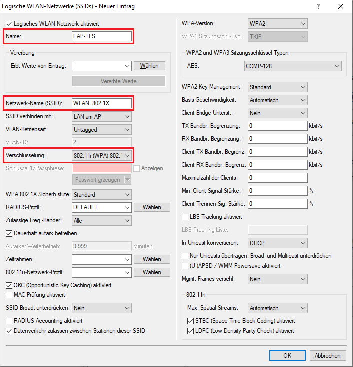 Parameter für logisches WLAN-Netzwerk angeben