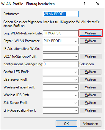 Auswahl-Menü für logische WLAN-Netzwerk-Liste aufrufen