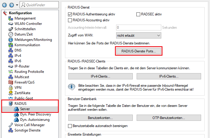 Menü RADIUS-Dienste-Ports aufrufen