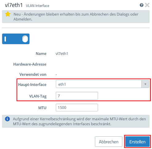 Ethernet-Schnittstelle und VLAN-ID für das VLAN-Interface angeben