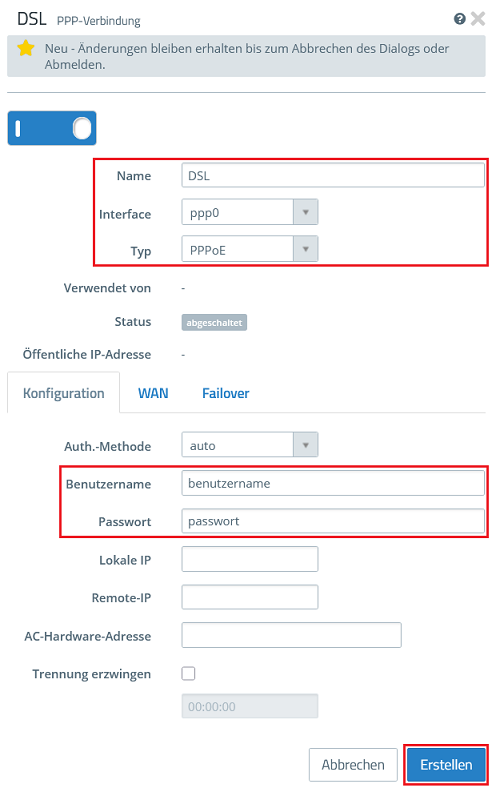 Erstelltes PPP-Interface und Zugangsdaten in der PPP-Verbindung angeben