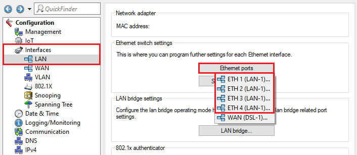Edit the physical interfaces ETH 1 to ETH 4 in the menu Ethernet ports
