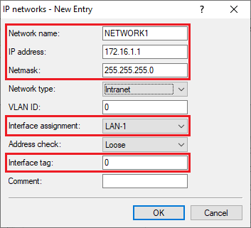 Enter the IP parameters and the logical interface for the employee network with interface tag 0