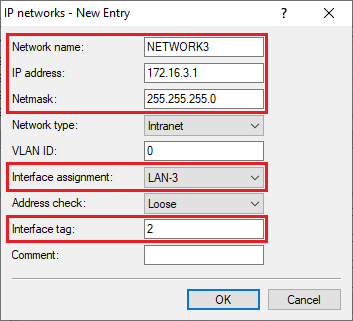Enter the IP parameters and the logical interface for the server network with interface tag 2