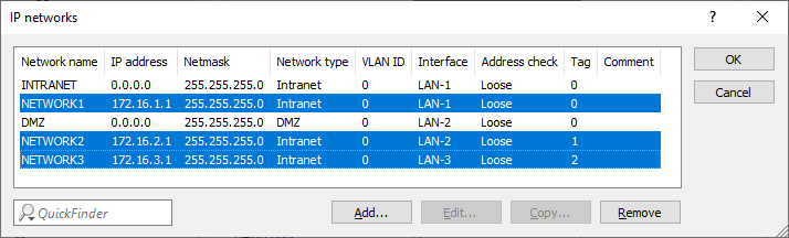 Overview of the created networks in the table IP networks