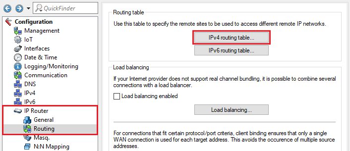 Open the menu IPv4 routing table